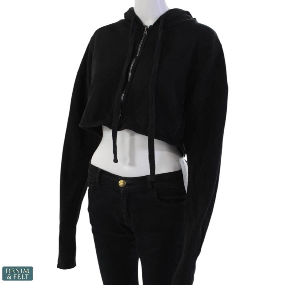 Alo Yoga Cropped Gym Zip-Up Hoodie Black Womens XS Thumbholes Long Sleeve Jacket - Picture 4 of 14